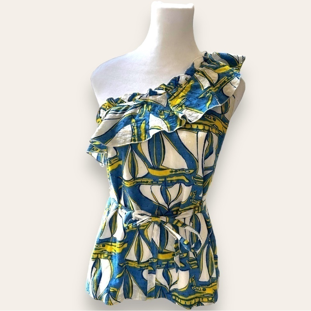Lilly Pulitzer Janine Top Docksider Print one shoulder asymmetrical vacation S - Picture 5 of 9